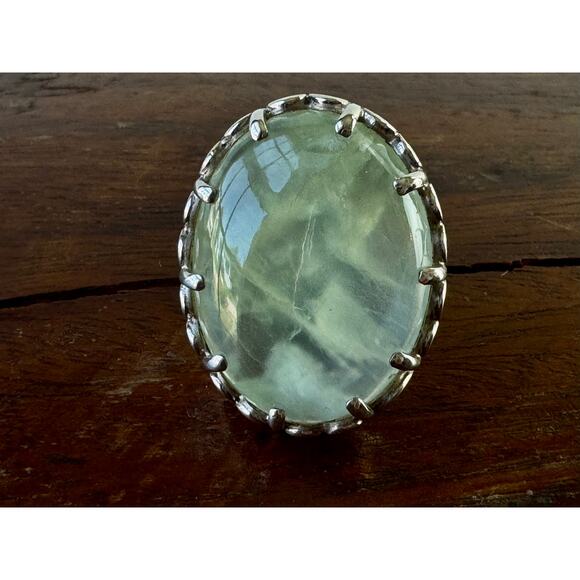 Prehnite Cabochon Handmade Sterling 925 Silver Gemstone RIng 5.5 - 5.75 - Picture 3 of 7